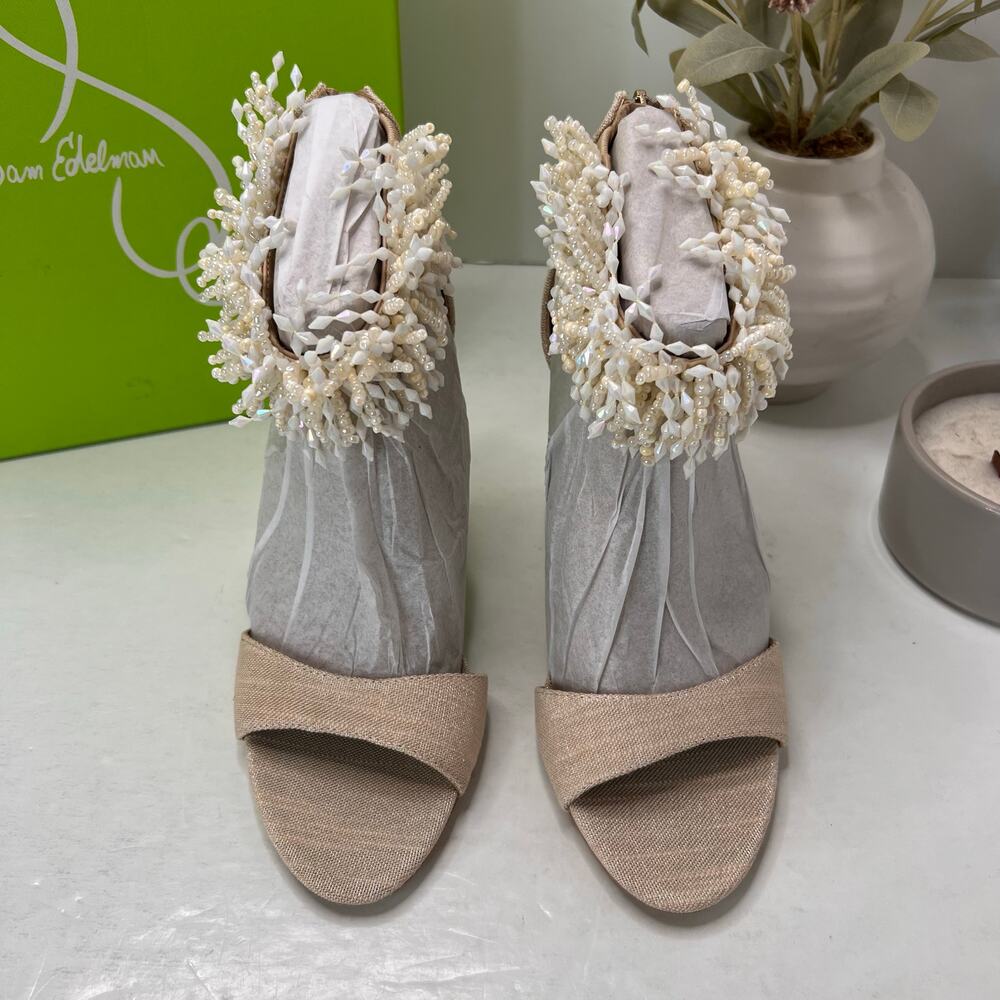Sam Edelman Gillie Linen Beaded Shell Ankle Strap Heel Sand Heels Women 8M NWB - Picture 5 of 11